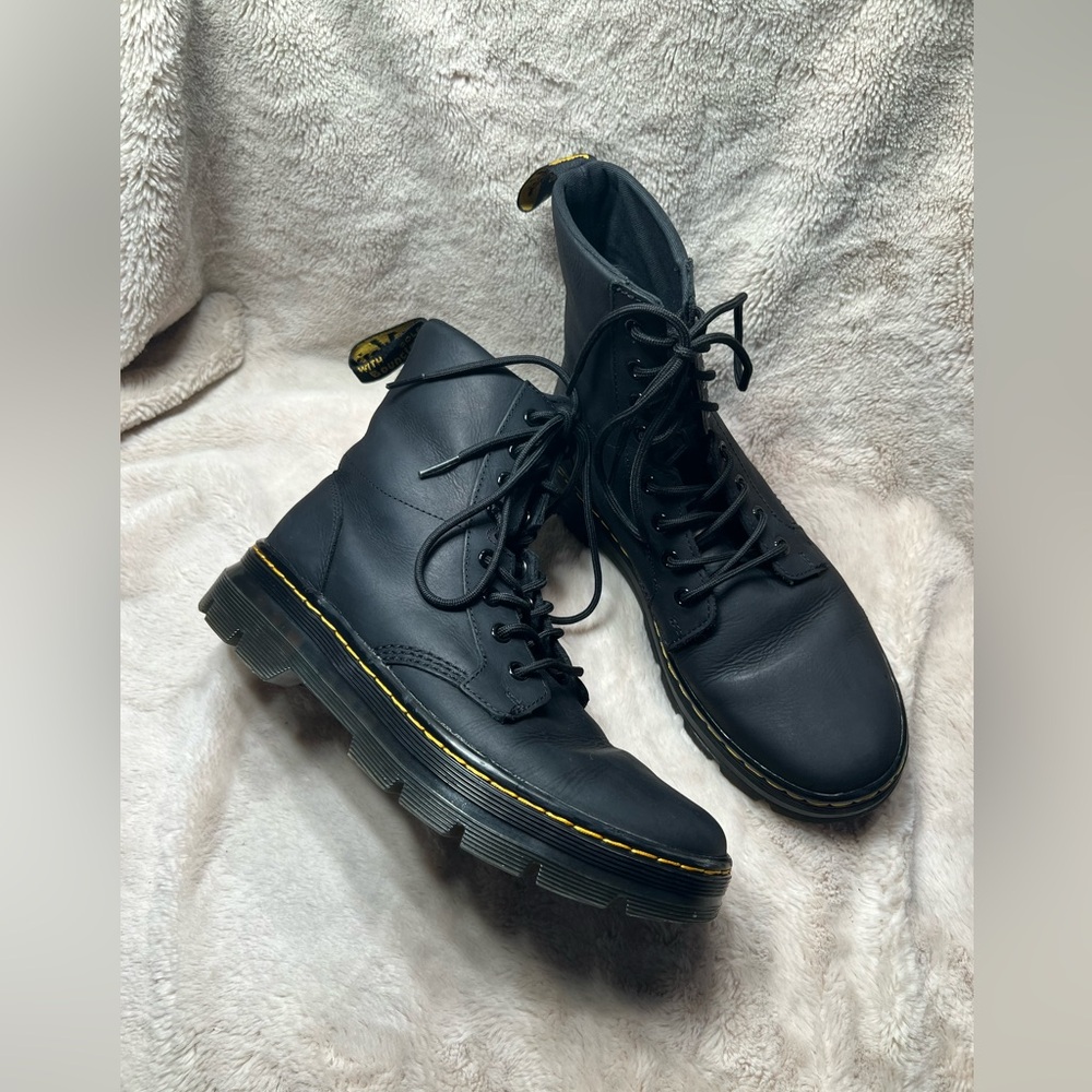 Dr. Martens Black Lace-Up Combat Boots with Yellow Stitching